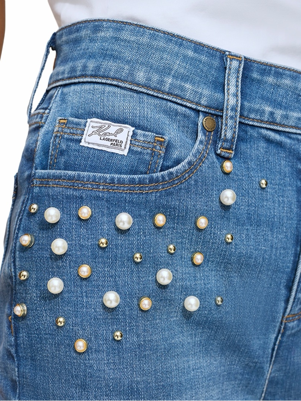 Karl Lagerfeld Paris- Women's Imitation Pearl Denim Jeans - Coastal Blue - Picture 2 of 7